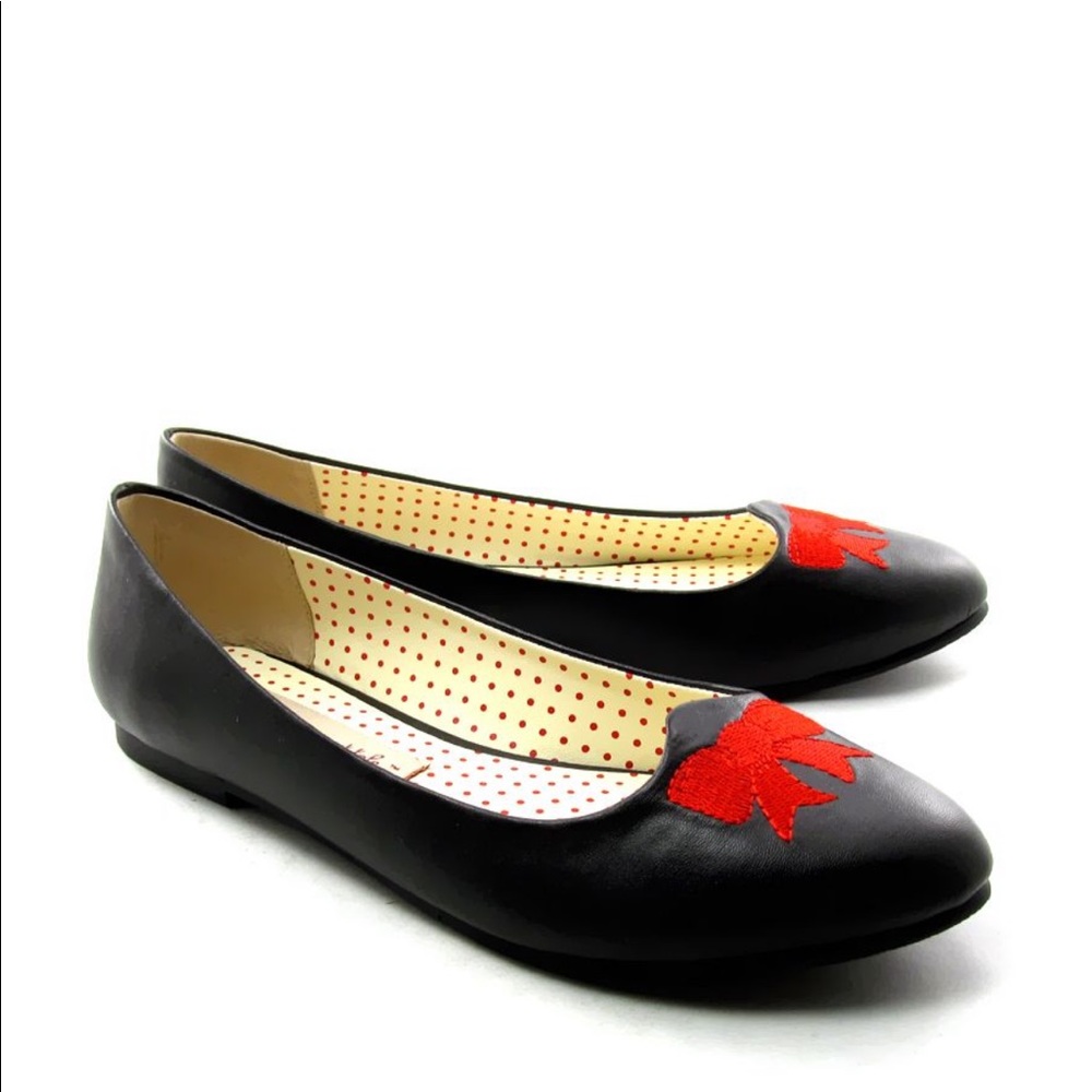 B.A.I.T. Footwear black Selena flats with red embroidered bow, vegan leather